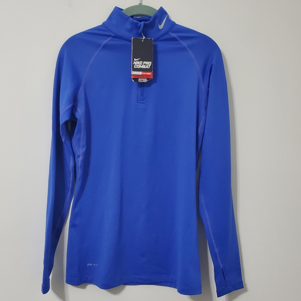 Nike Pro Combat Dri-Fit Hyperwarm Quarter Zip Pullover Blue Womens Medium NEW